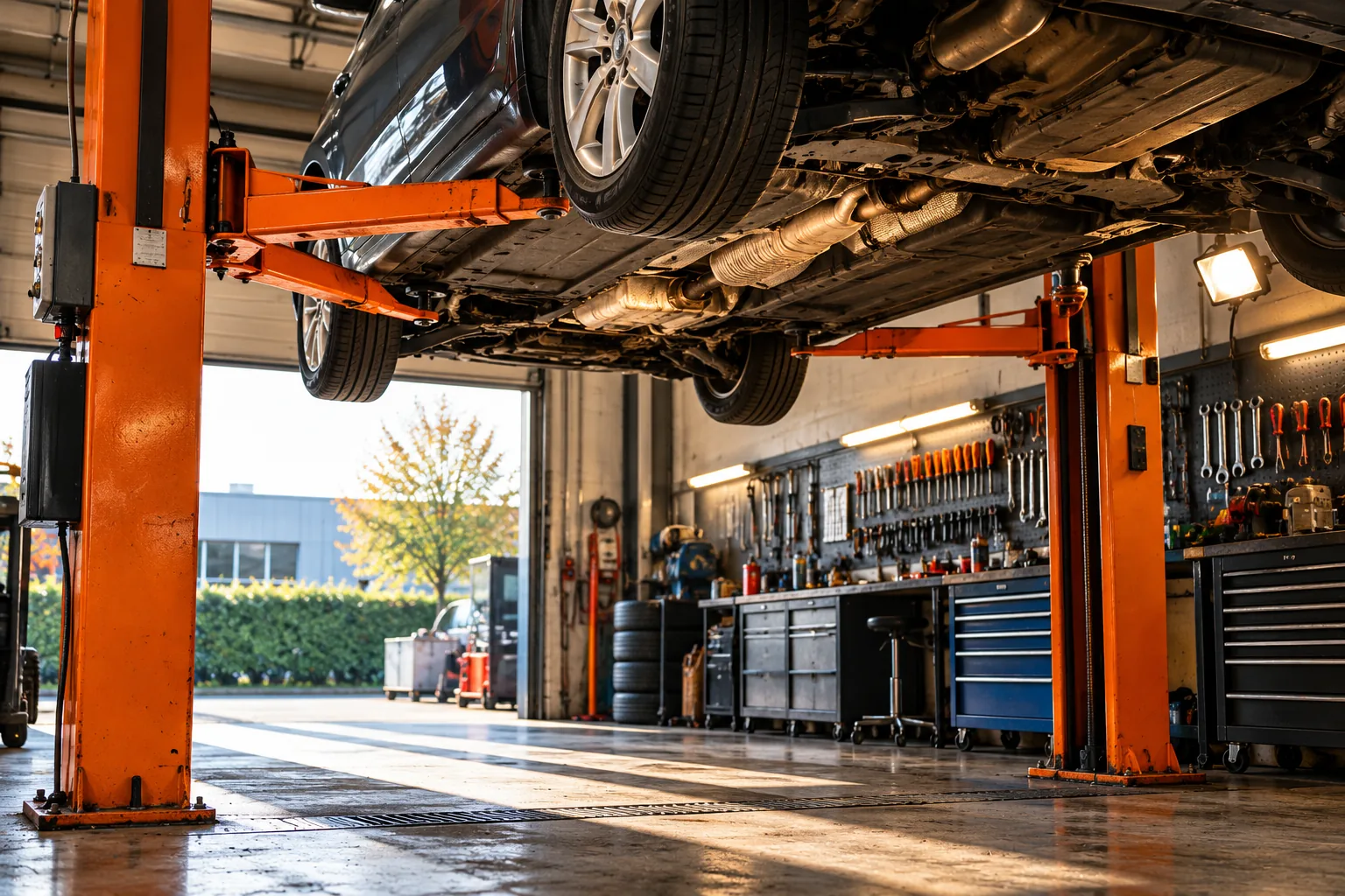Auto op een oranje hefbrug in een Nederlandse autogarage met open roldeur