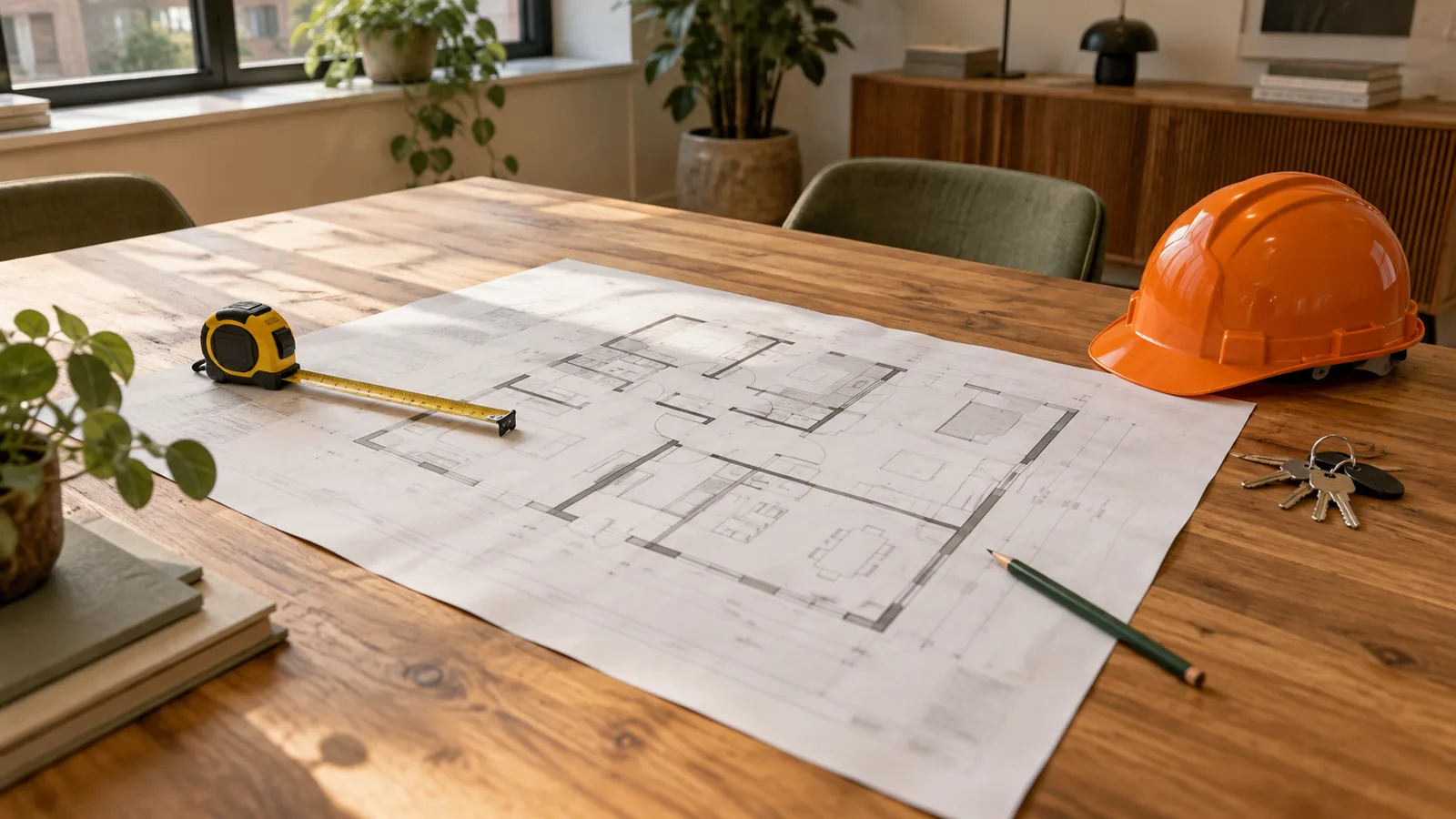 Bouwtekening op een houten tafel met oranje bouwhelm, rolmaat en sleutels