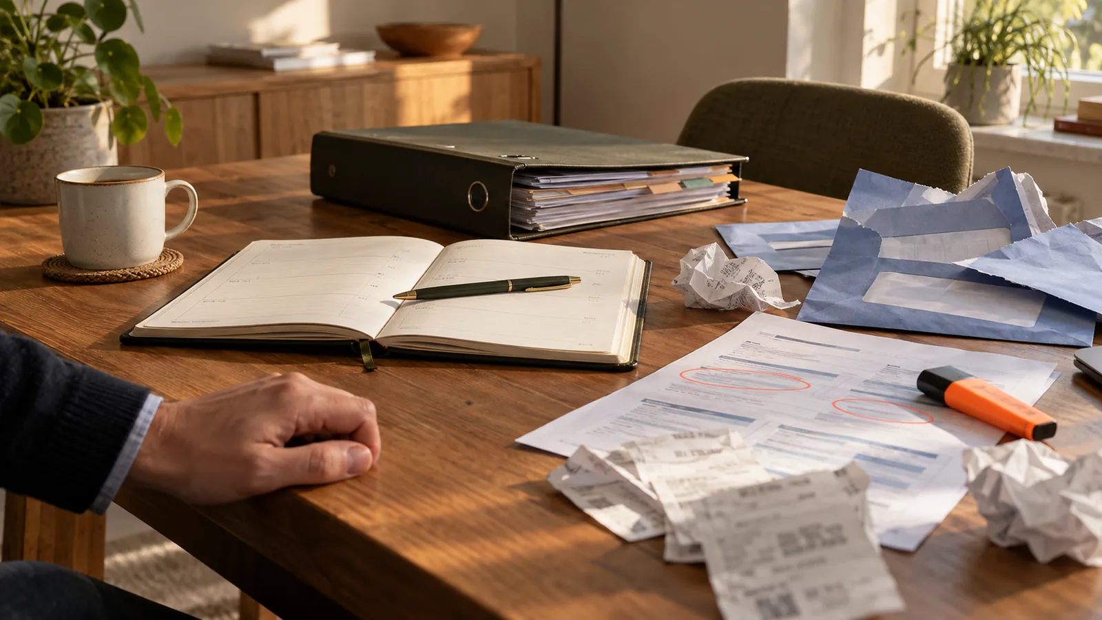 Bureau met losse bonnen, blauwe enveloppen, een ordner en een oranje marker