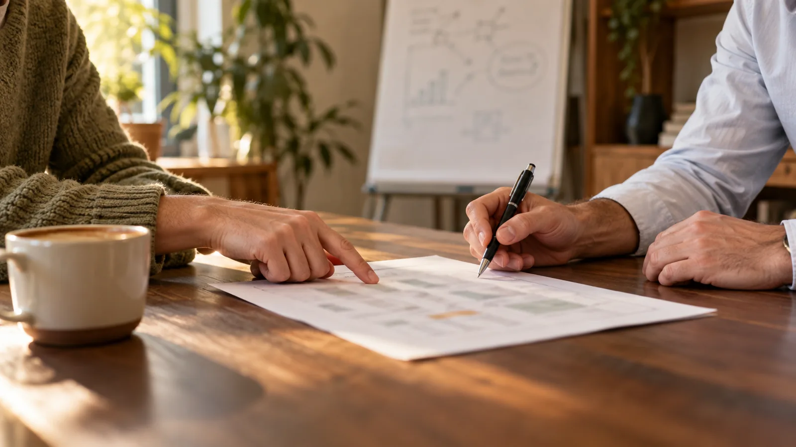 Twee mensen bespreken cijfers op papier aan een tafel, met een flip-over op de achtergrond