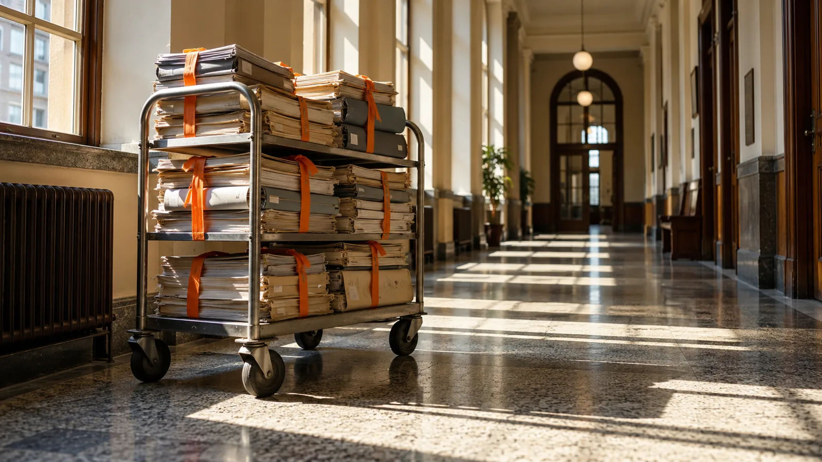 Archiefkar vol dossiers met oranje linten in een zonnige gang van een gerechtsgebouw