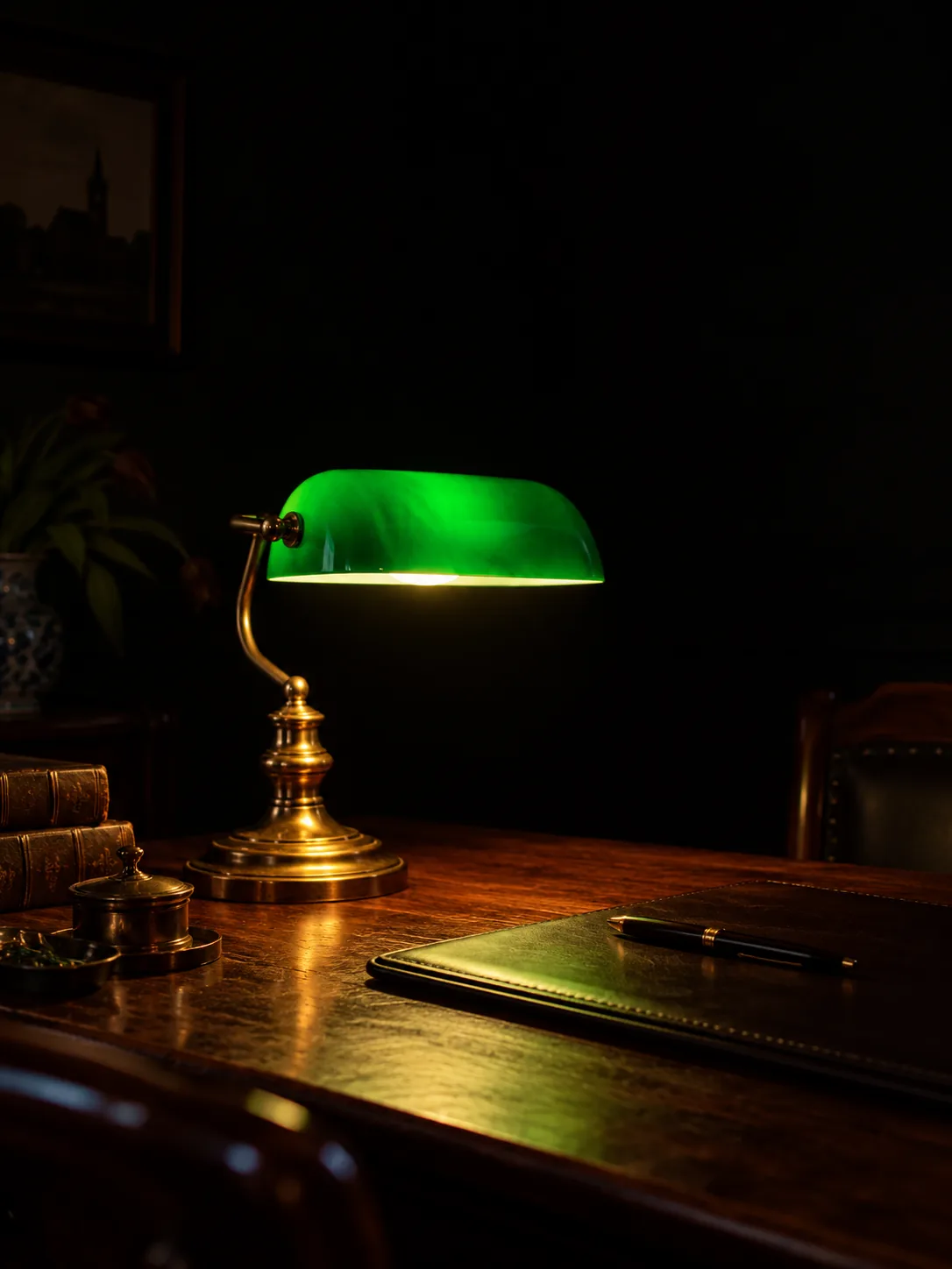 Messing bankierslamp met groene glazen kap op een donker houten bureau
