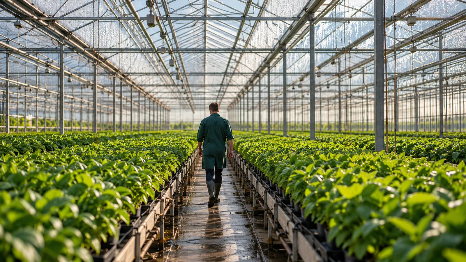 Kweker loopt door het middenpad van een Nederlandse kas vol groene planten
