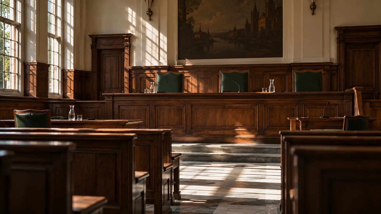 Lege rechtszaal met houten banken, groene stoelen en een schilderij aan de wand