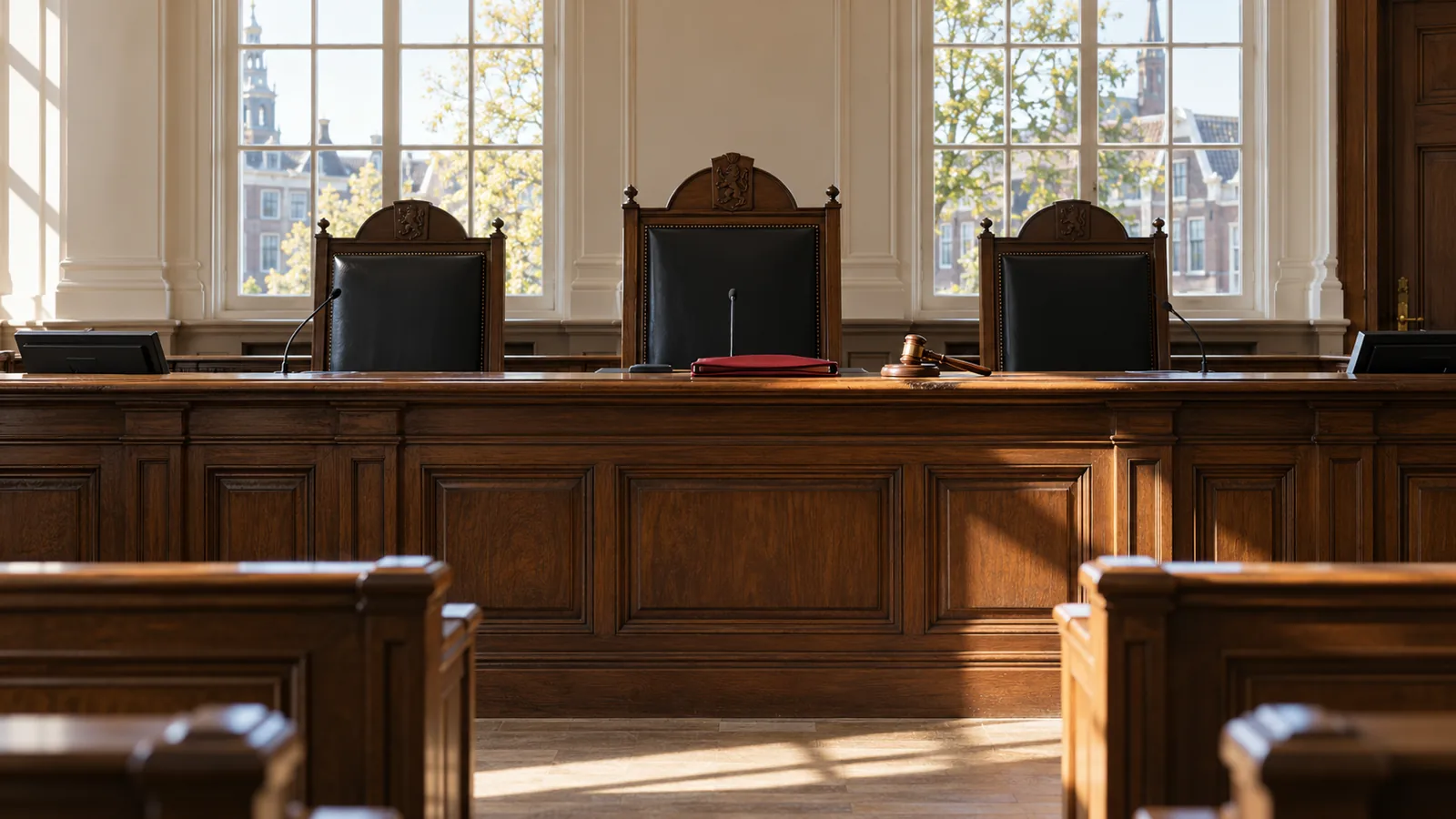 Lege Nederlandse rechtszaal met houten rechtersbank en drie stoelen