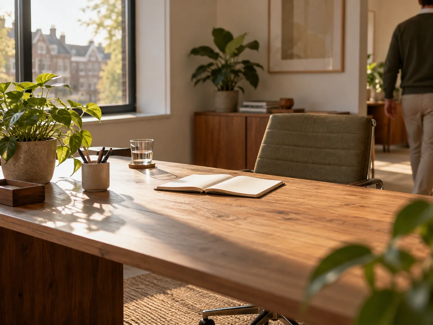 Licht kantoor met een houten bureau, open notitieboek en planten bij het raam