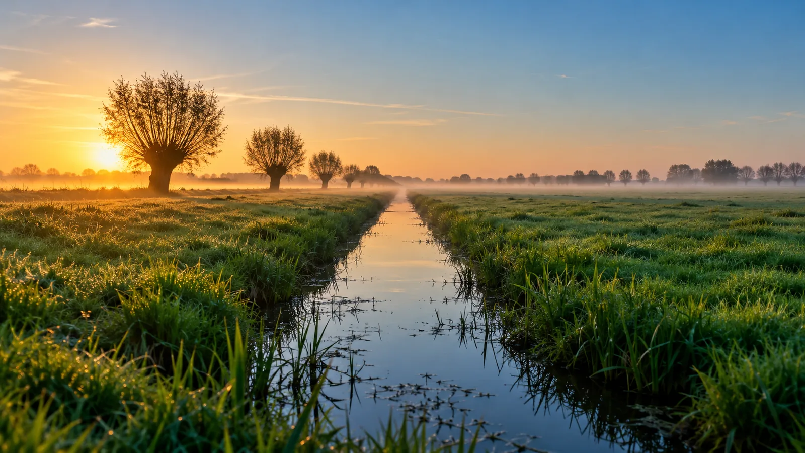 Nederlandse polder bij zonsopgang met knotwilgen langs een rechte sloot