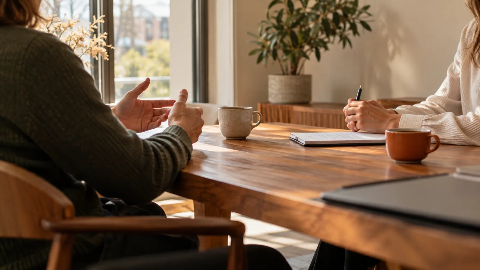 Twee ondernemers in gesprek aan een houten tafel met koffie en een notitieblok