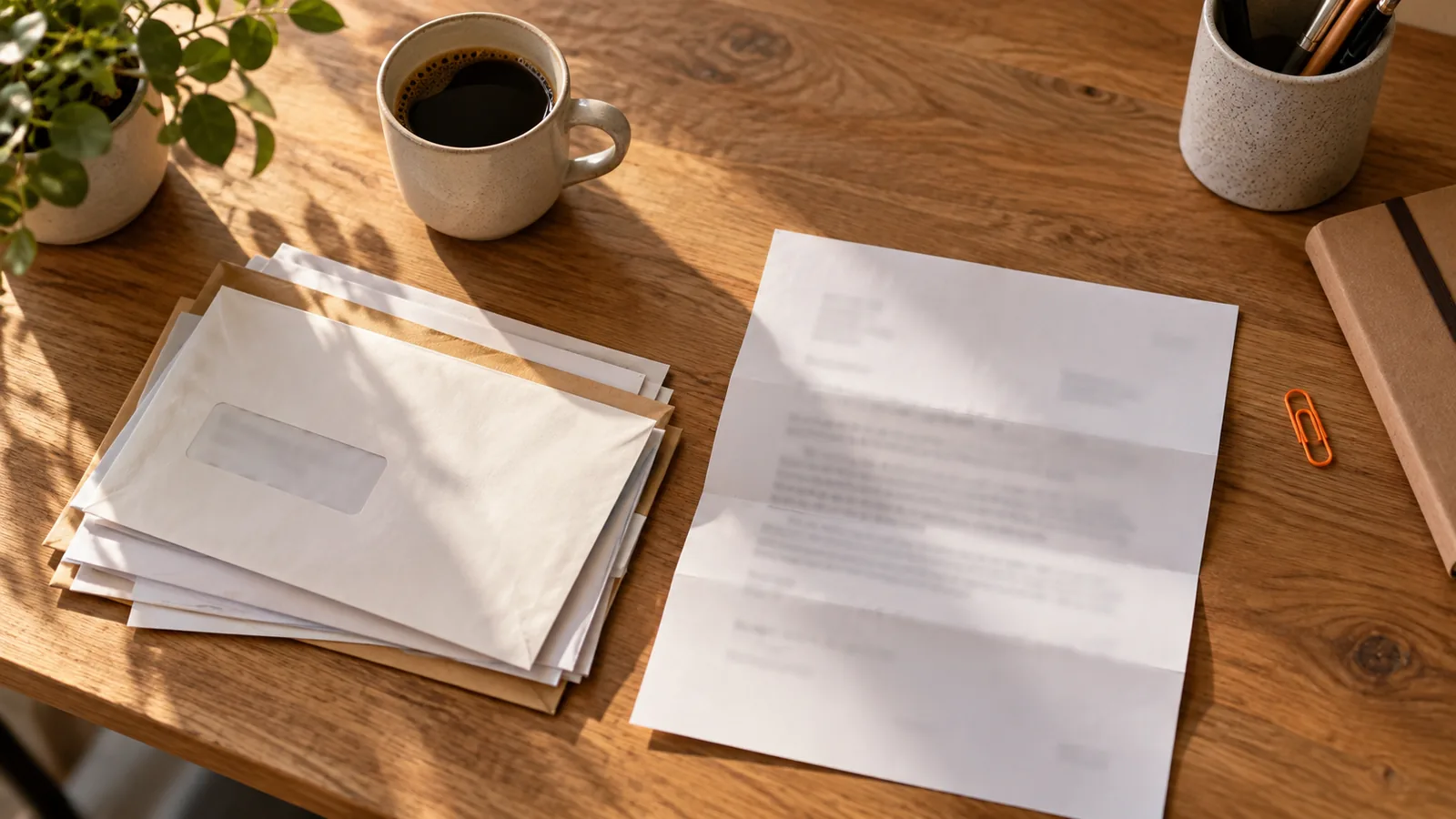 Stapel post en een kop koffie op een houten bureau in de ochtendzon