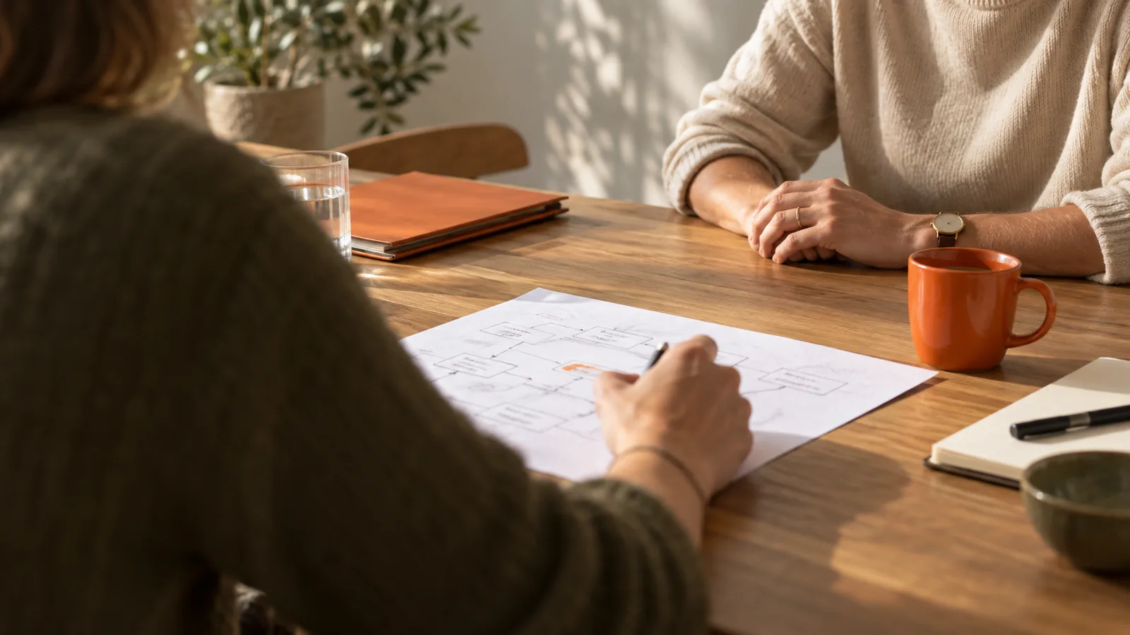 Twee mensen schetsen samen een plan op papier aan een houten tafel