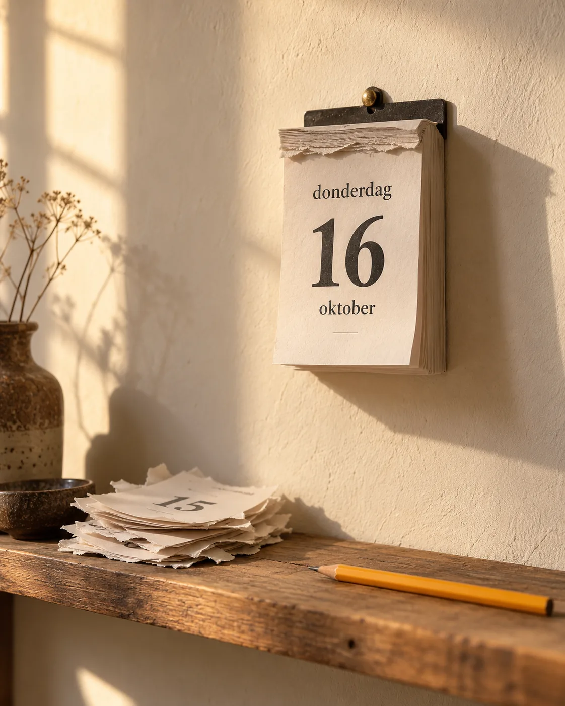 Scheurkalender aan een muur met een geel potlood op een houten plank