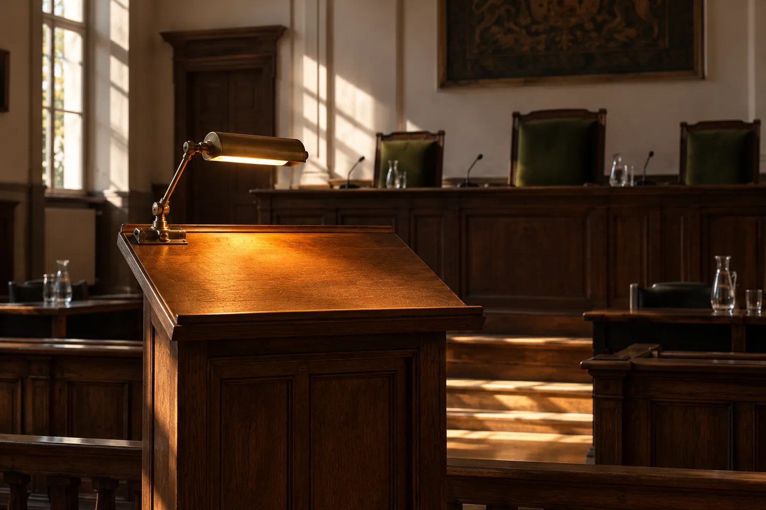 Houten spreekgestoelte met messing bureaulamp in een lege rechtszaal