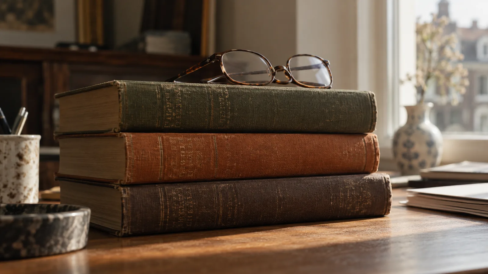 Stapel van drie oude boeken in groen, oranje en bruin met een leesbril erop