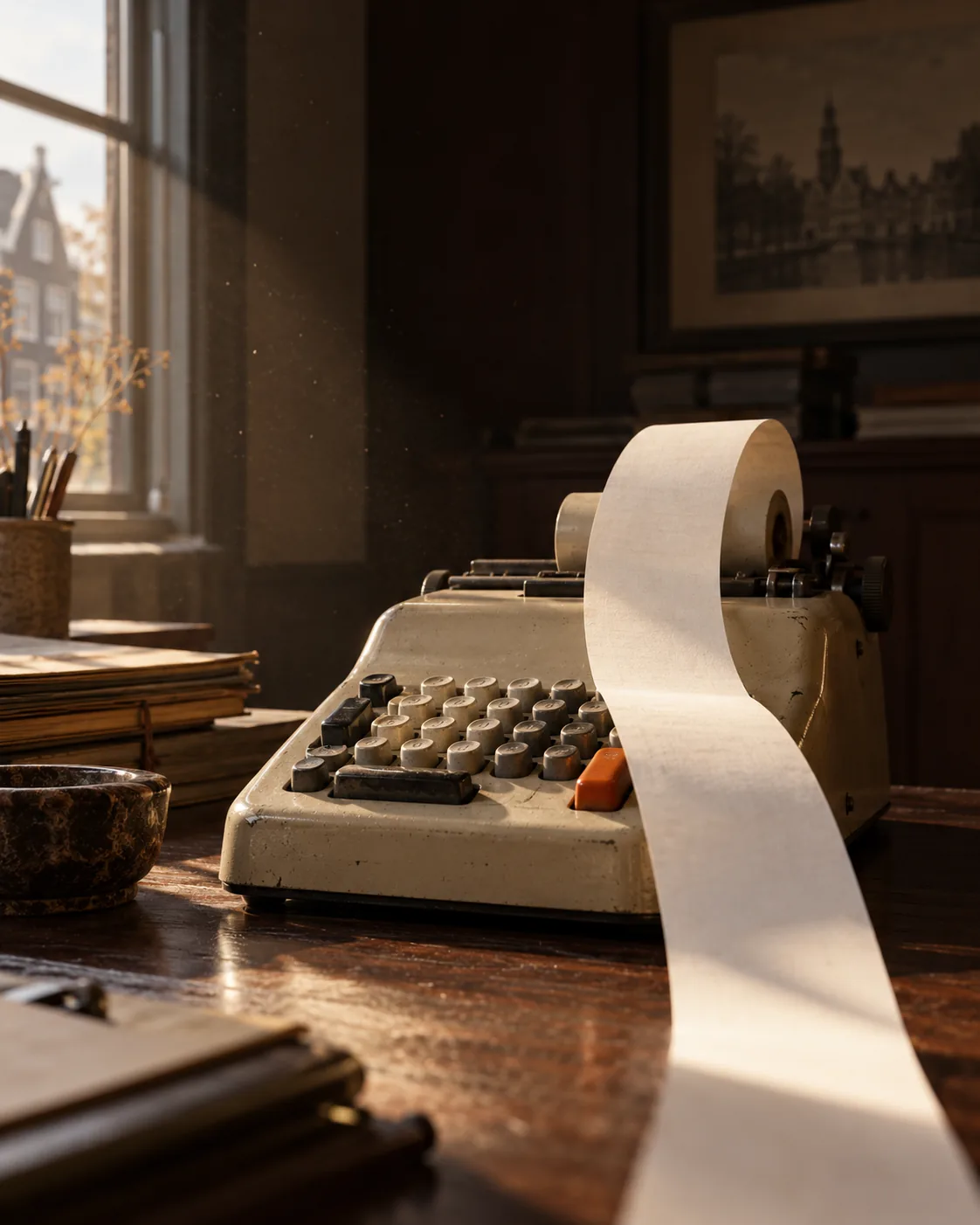 Oude telmachine met een lange papierrol op een bureau bij een raam