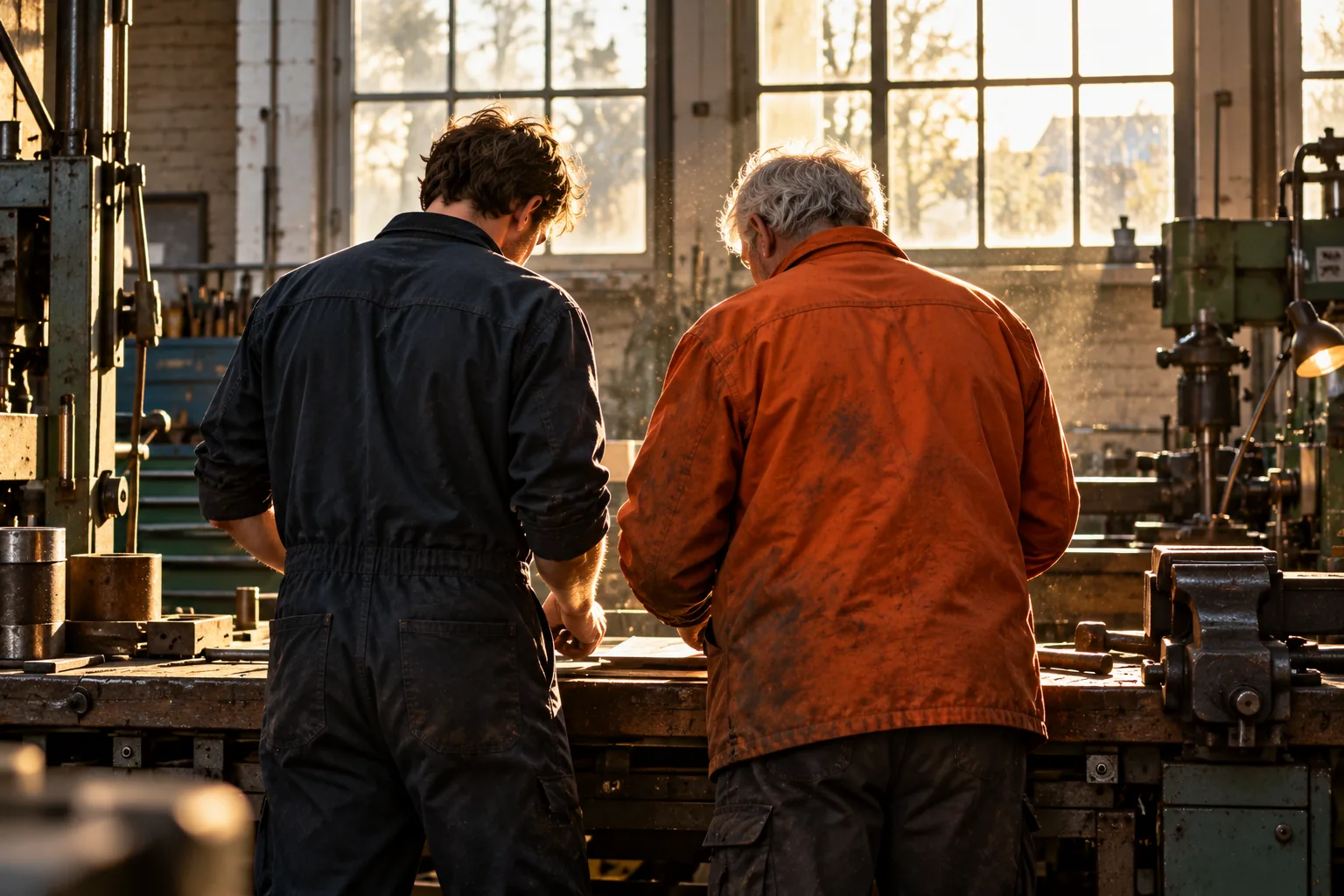 Twee generaties samen aan de werkbank in een machinewerkplaats, van achteren gezien