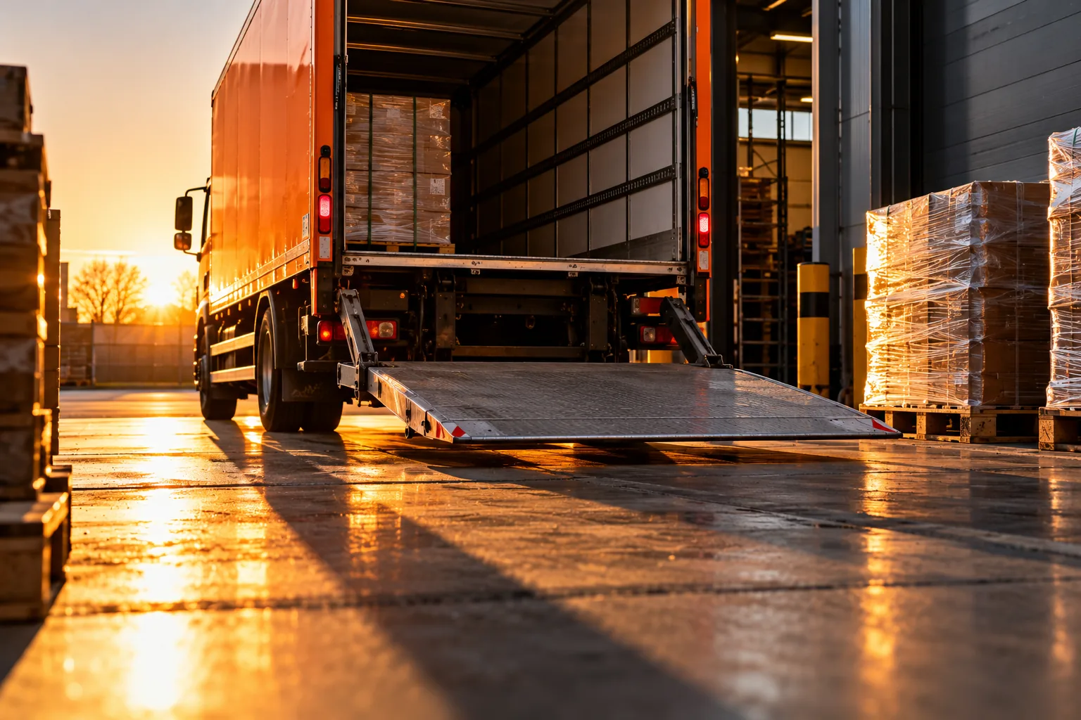 Vrachtwagen met geopende laadklep aan een laadkade bij zonsopkomst