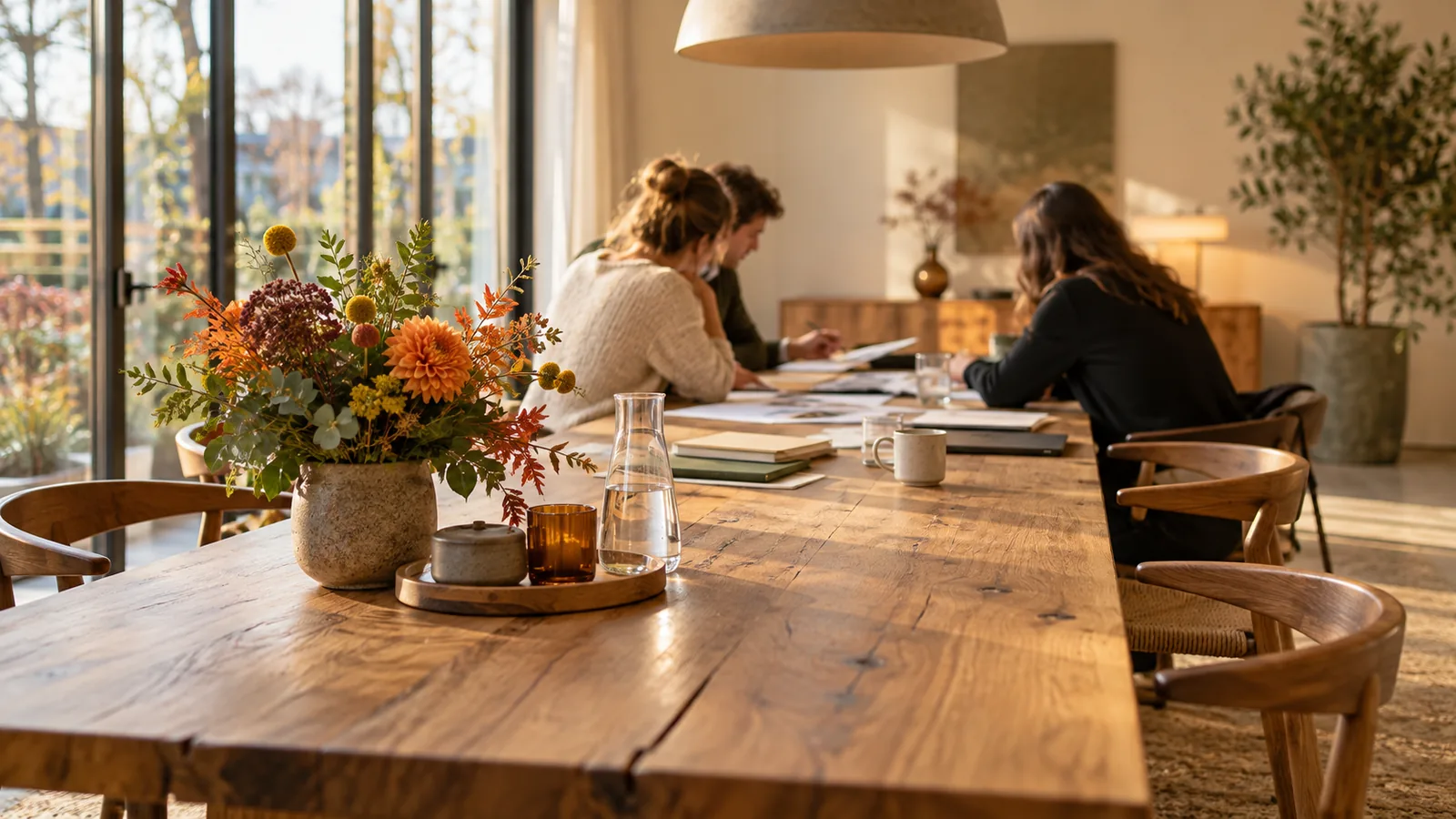 Werkbespreking aan een lange houten tafel met herfstbloemen bij een groot raam